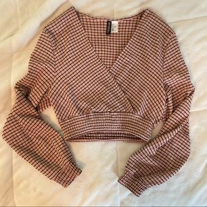 NWOT Pink Plaid Balloon Sleeve Surplice Blouse